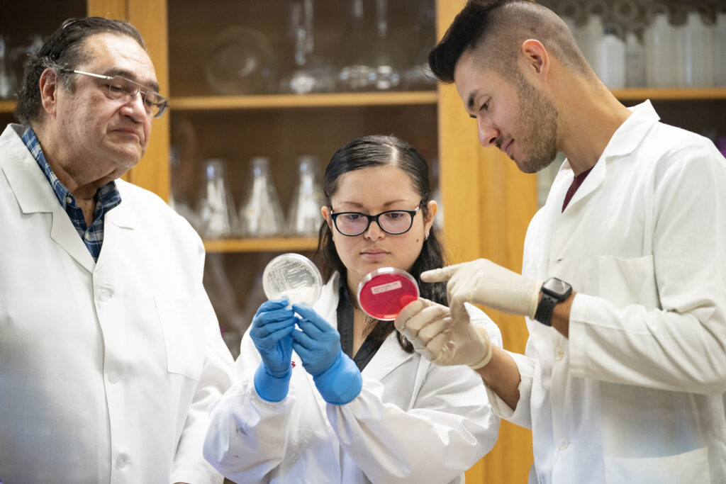 Dr. Alex Castillo is standing with two people that are looking at two petri dishes
