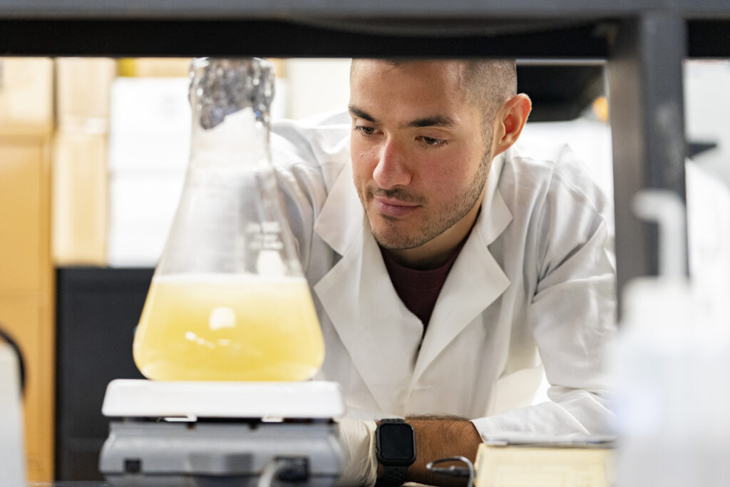 man looking through shelves at beaker with yellow liquid in it