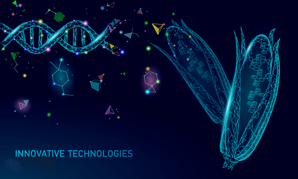 Technology graphic of corn and DNA that says 'innovate technologies'