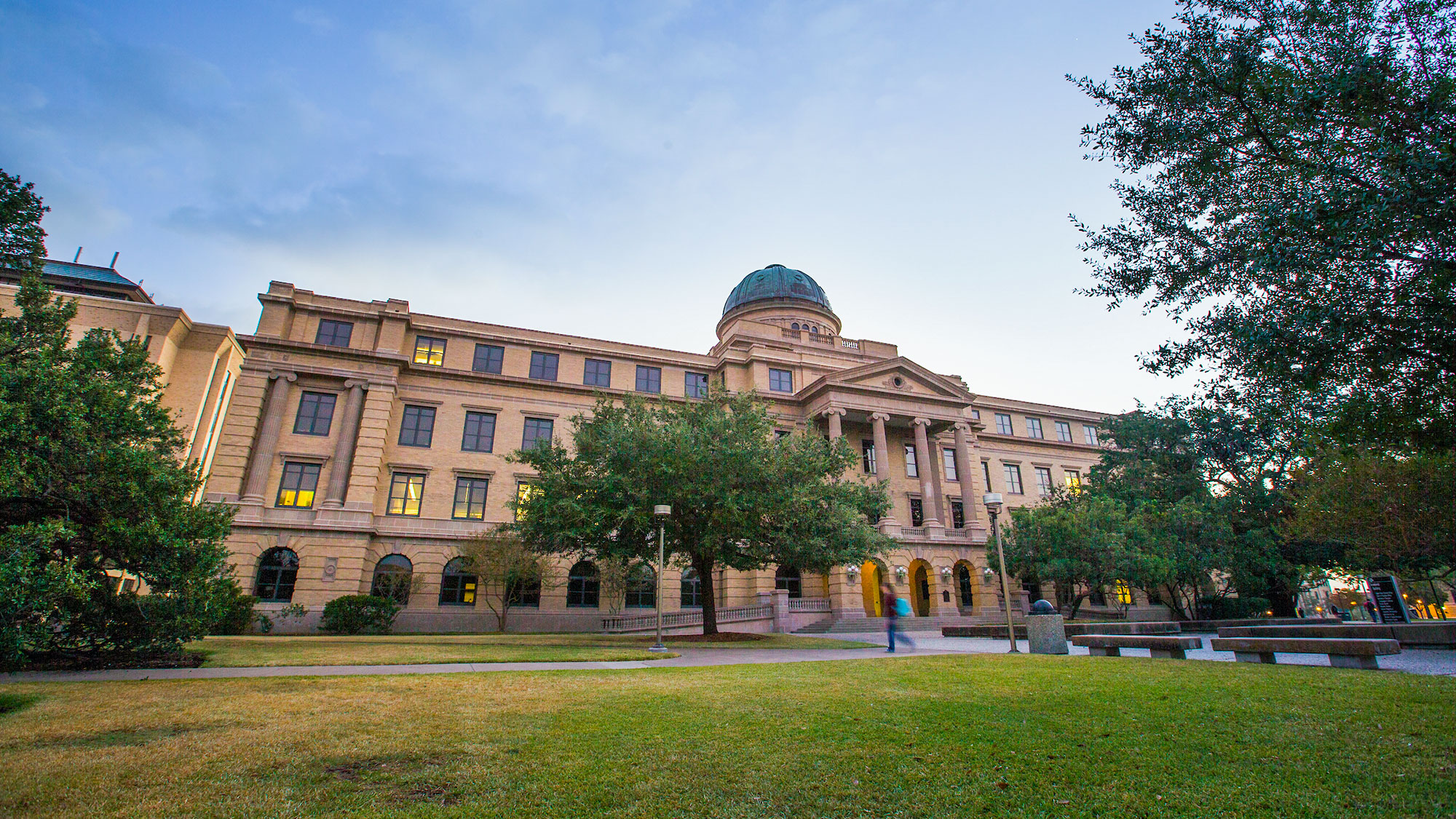 Upward view of Texas A&M's Academic Building