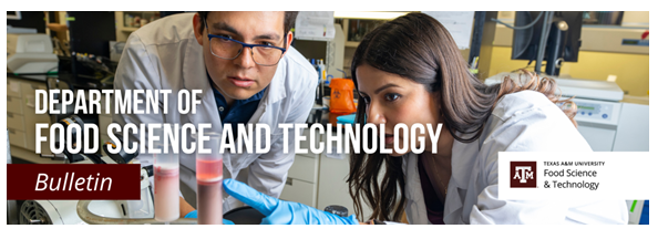 Students analyzing a vial in the background with the words 'Department of Food Science and Technology Bulletin'